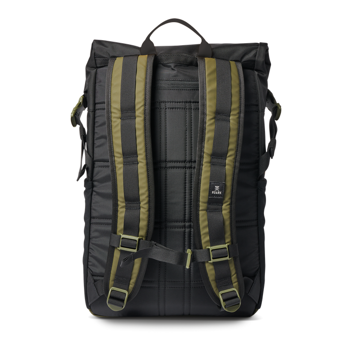 Roark Passenger 27L 2.0 Travel Bag in Black/Military, showcasing a close-up of the bag's side handle.