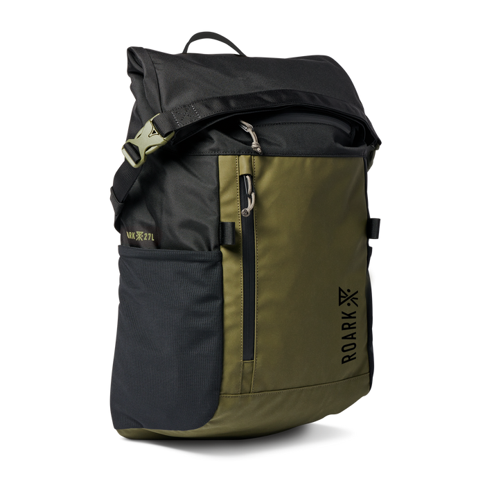 Roark Passenger 27L 2.0 Travel Bag in Black/Military, showcasing a close-up of the bag's front pocket.