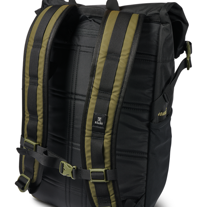 Roark Passenger 27L 2.0 Travel Bag in Black/Military, showcasing a close-up of the bag's main compartment.