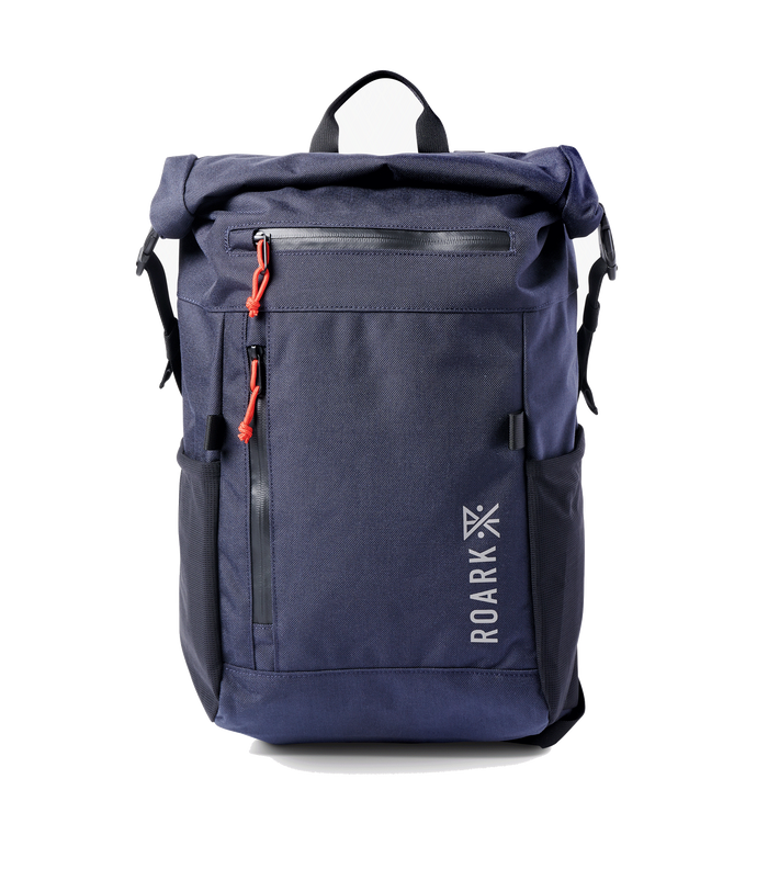 Roark Passenger 27L 2.0 Travel Bag in Blue, showcasing a close-up of the bag's front panel.
