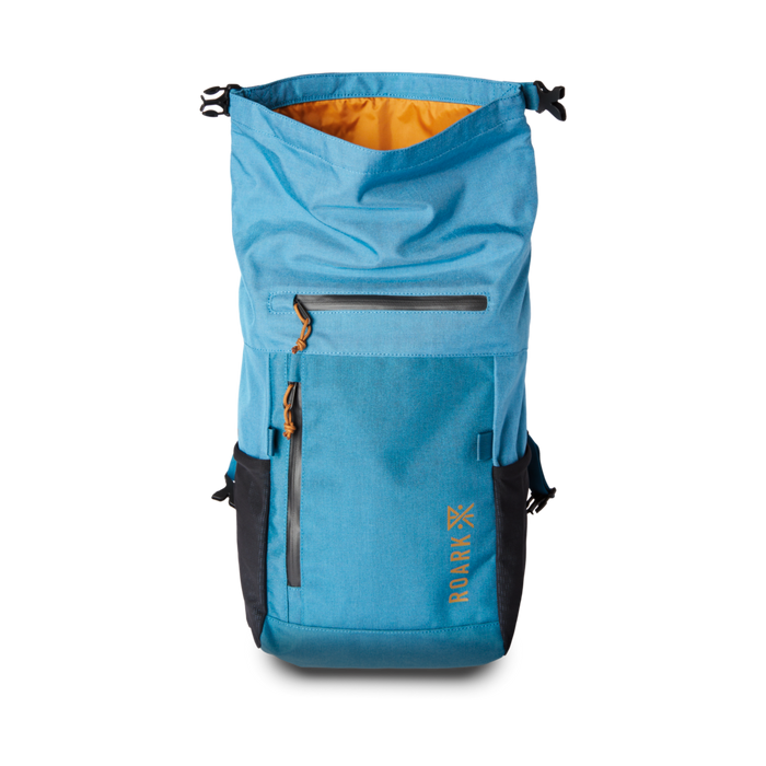 Roark Passenger 27L 2.0 Travel Bag in Slate, showing a close-up of the bag's front pocket.