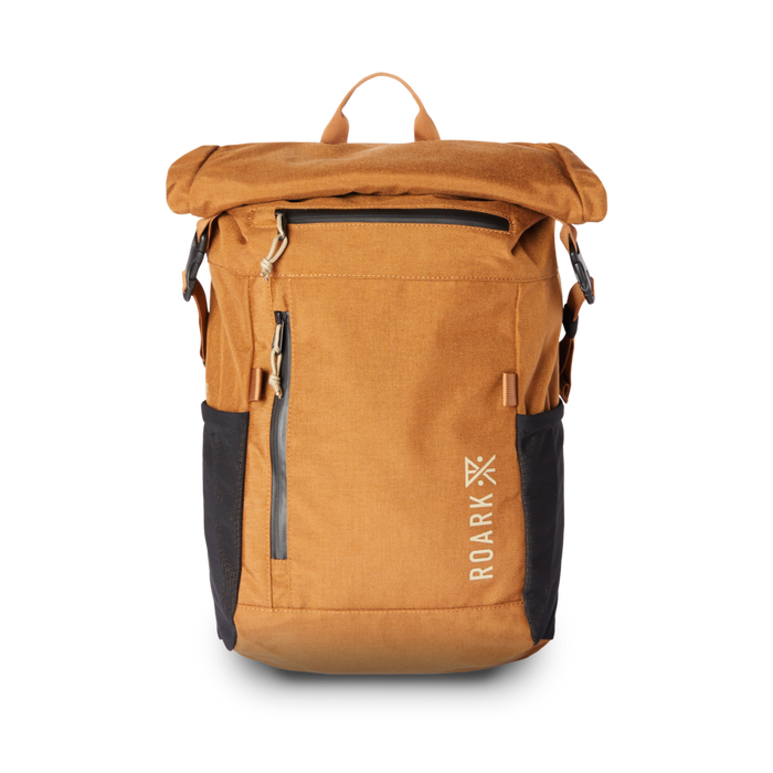 Roark Passenger 27L 2.0 Travel Bag in Toffee, front view. A durable and stylish bag with multiple pockets, perfect for weekend trips.