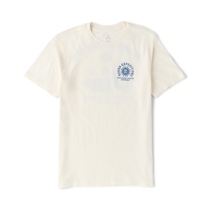 Off-white short-sleeve tee with blue circular "Stormy Expeditions" graphic and text on chest, displayed flat lay against white background