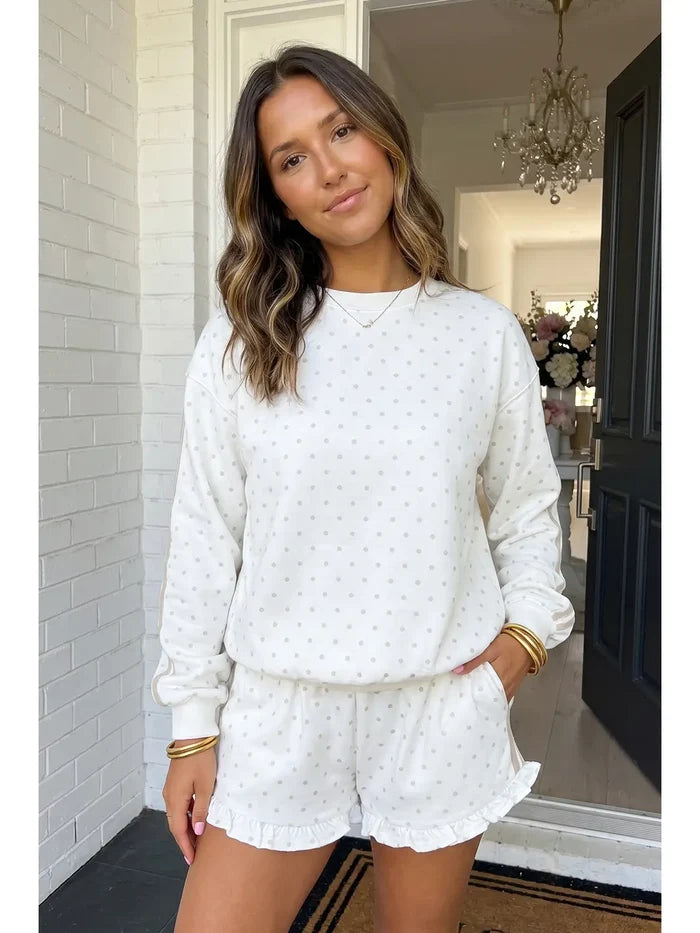 Polka Dot Striped Side Ruffled Trim Lounge Set