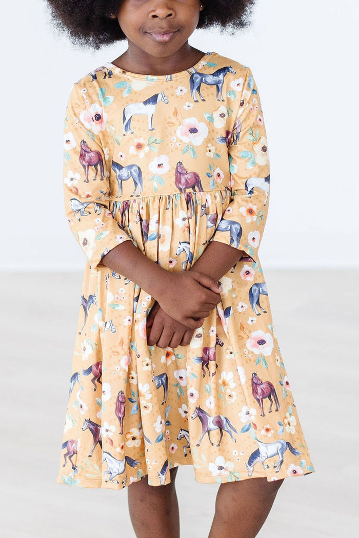 Ponies & Poppies 3/4 Sleeve Pocket Twirl Dress-Mila & Rose ®