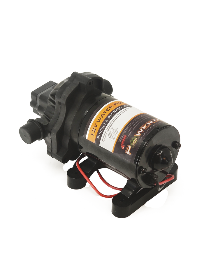 Black PowerMax PMWP3G-12V RV Fresh Water Pump - End View | United RV Parts