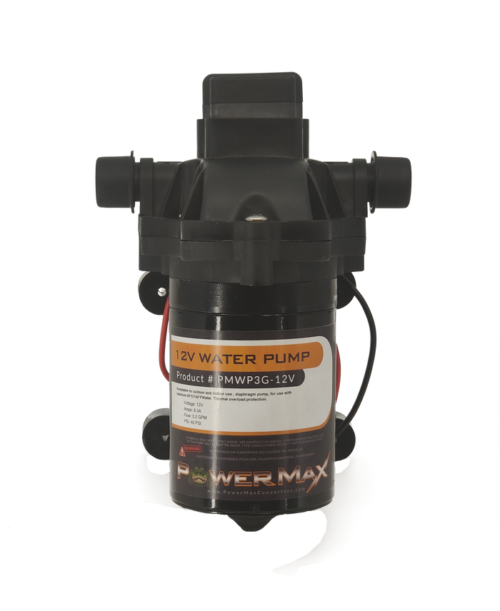 Black PowerMax PMWP3G-12V 12V Water Pump - Top View with Connections | United RV Parts