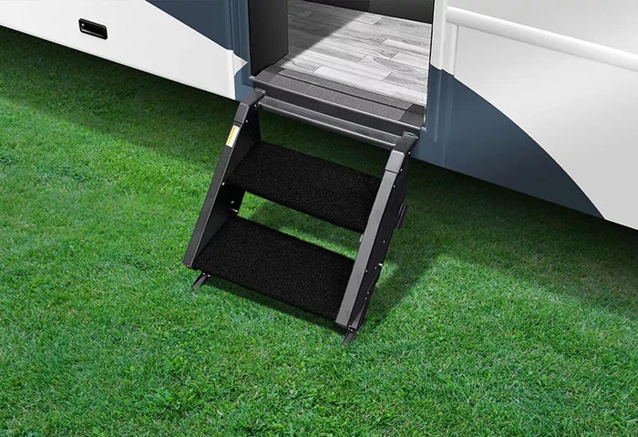 Obsidian Black Prestofit Step Rugs 2-0500 on RV Entry Steps - Installed View | United RV Parts