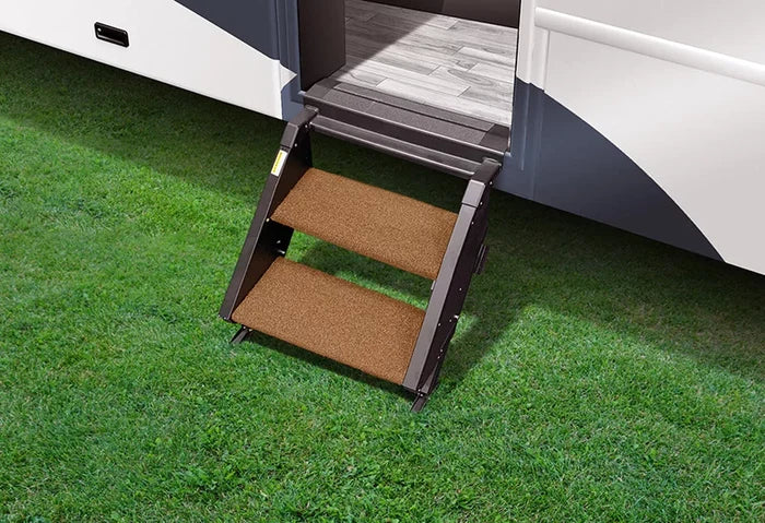 Buckskin Brown Prestofit Step Rugs 19.5" on RV Entry Steps - Installed View | United RV Parts