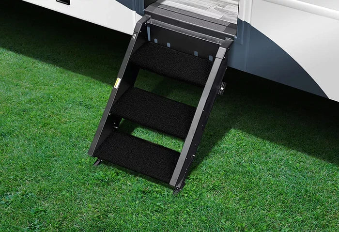 Obsidian Black Prestofit Step Rugs on MORryde StepAbove 3-Step - Lifestyle View | United RV Parts