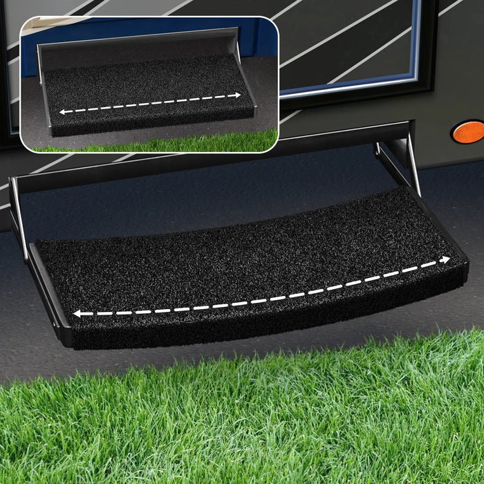 Black Prestofit Universal Entry Step Rug 2-0223 on RV Step - Side View | United RV Parts