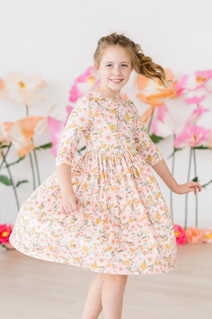(V) Pretty Peachy 3/4 Sleeve Pocket Twirl Dress-Mila & Rose ®