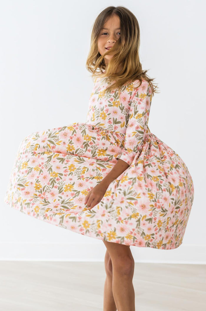 (V) Pretty Peachy 3/4 Sleeve Pocket Twirl Dress-Mila & Rose ®
