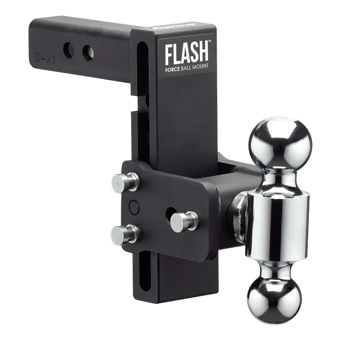 Black Forged Steel Flash Force Adjustable Ball Mount with Dual Chrome Hitch Balls - Angled Studio View | United RV Parts