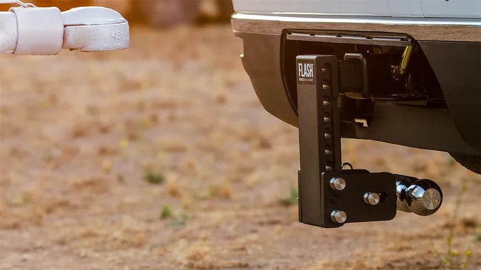 Black Flash Force Adjustable Ball Mount Installed on White SUV Receiver Hitch - Side Profile | United RV Parts