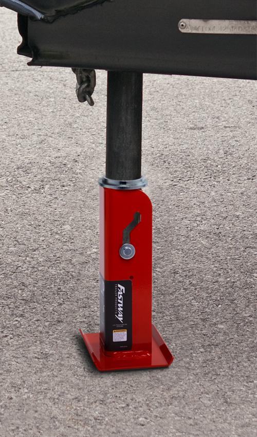Red Flip Jack Foot Installed on RV Trailer Jack - Side View | United RV Parts
