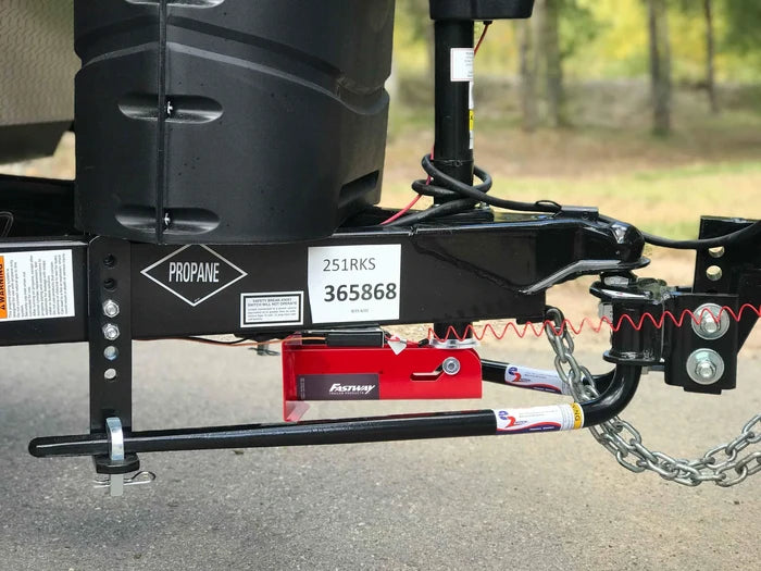 Red Fastway Flip Jack Foot on RV Tongue with Propane Tank - Installation View | United RV Parts