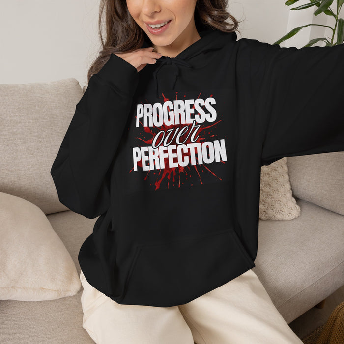 Progress Over Perfection Hoodie — Motivational Black Pullover for Fitness & Mental Health