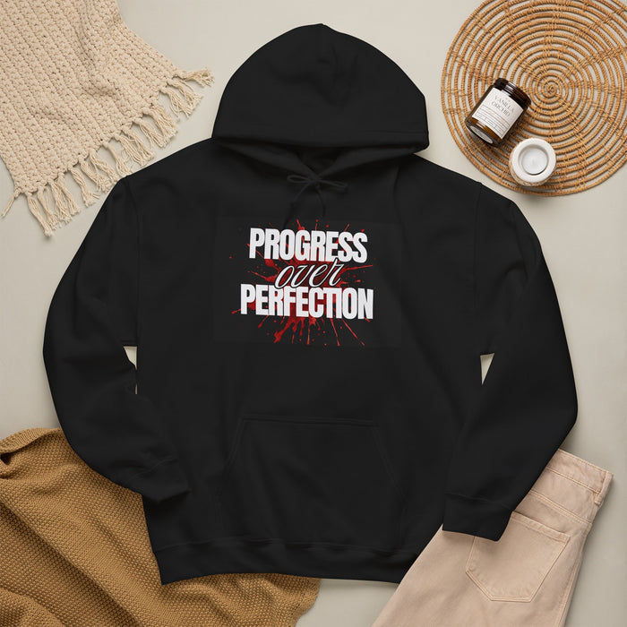 Progress Over Perfection Hoodie — Motivational Black Pullover for Fitness & Mental Health