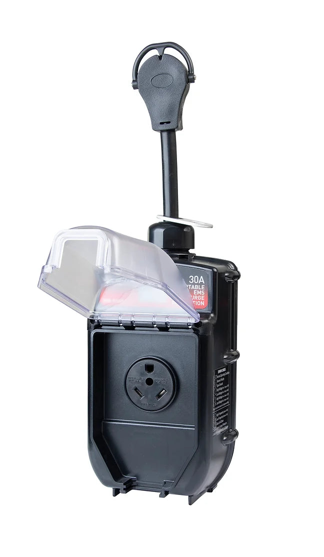 Black Progressive Industries EMS-PT30X RV Surge Protector - Open View with Outlet | United RV Parts