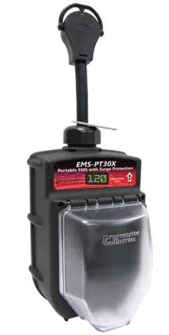 Black Progressive Industries EMS-PT30X 30 Amp Portable RV Surge Protector - Front Label | United RV Parts