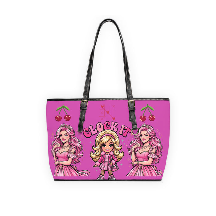 PU Leather Shoulder Bag — Pink “Clock It” Cartoon Girls & Crown “I’m A Queen” Tote