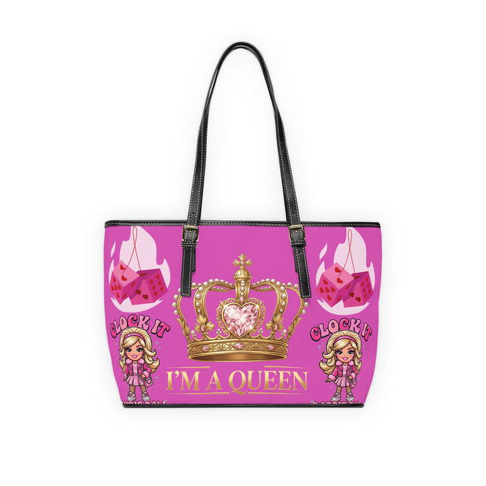 PU Leather Shoulder Bag — Pink “Clock It” Cartoon Girls & Crown “I’m A Queen” Tote