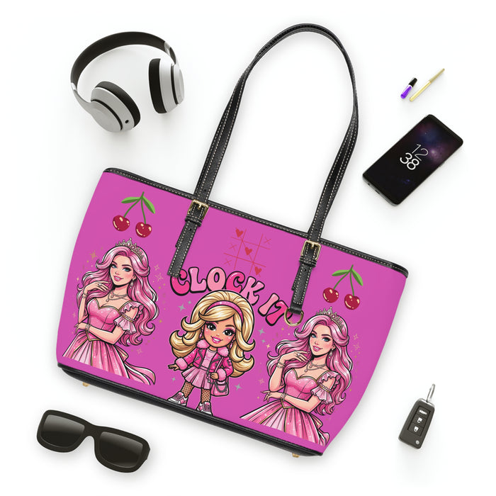 PU Leather Shoulder Bag — Pink “Clock It” Cartoon Girls & Crown “I’m A Queen” Tote
