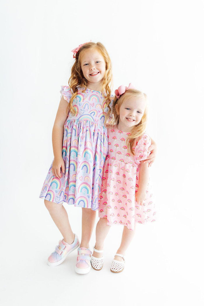 Pink Rainbow Puff Sleeve Sequin Dress-Mila & Rose ®