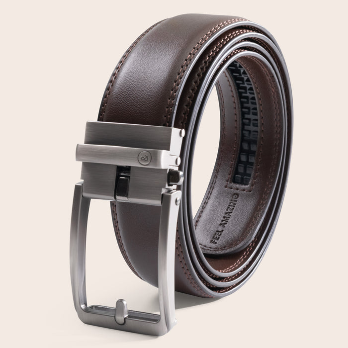 Dark brown leather belt with silver buckle on a light beige background