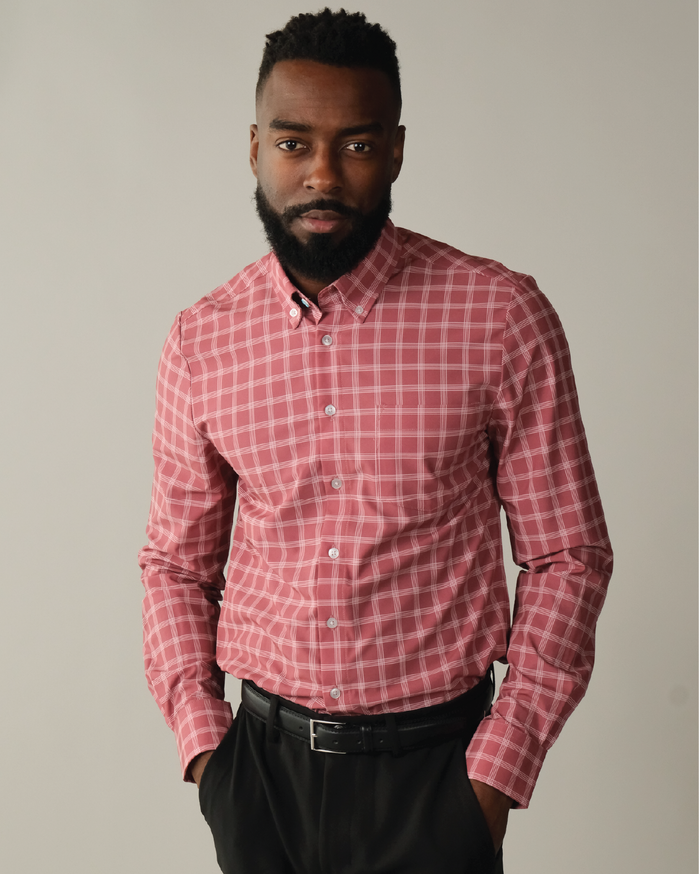 Man wearing adobe red with white windowpane shirt