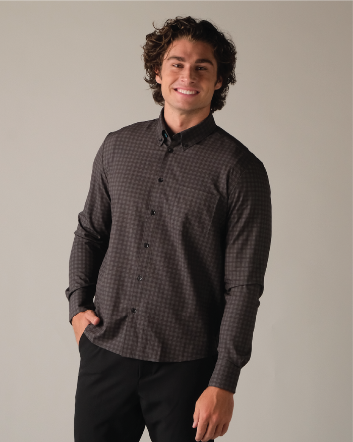 Man wearing a charcoal w/ black windowpane shirt