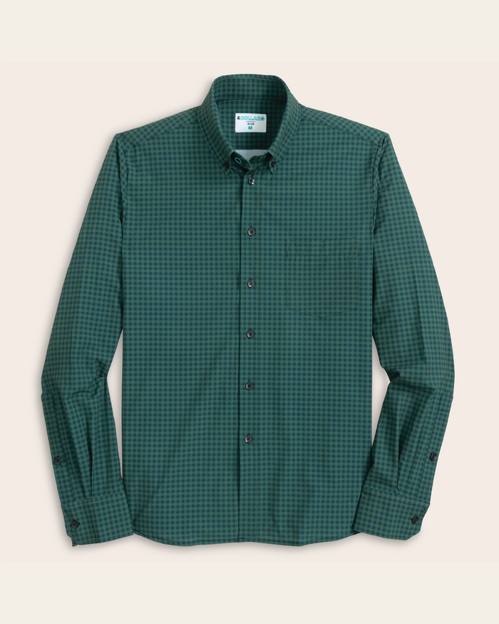 Forest green and navy gingham shirt. Black buttons. Button down collar.