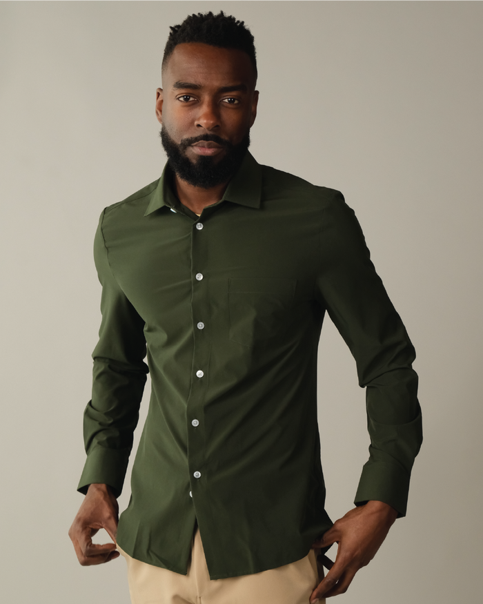 Man wearing a forest green shirt
