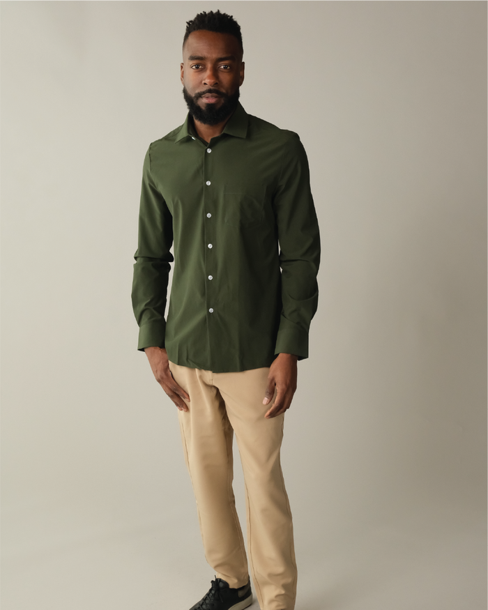 Man wearing a forest green shirt