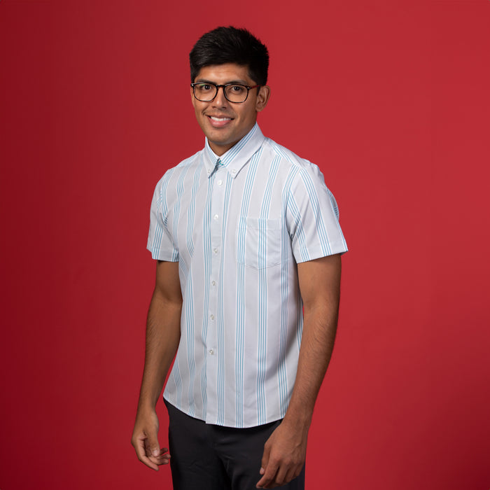 Man wearing Grey shirt with blue and white stripes