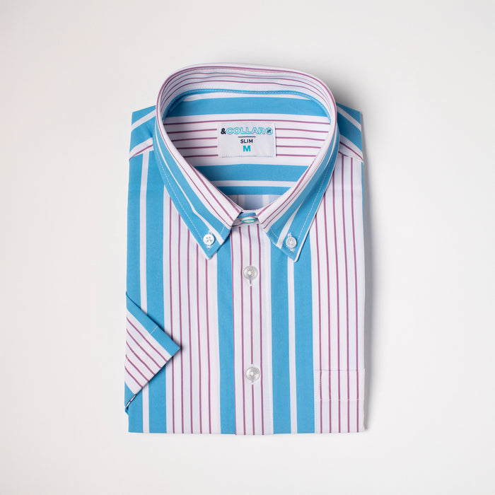 Light blue and white shirt with mauve pinstripes
