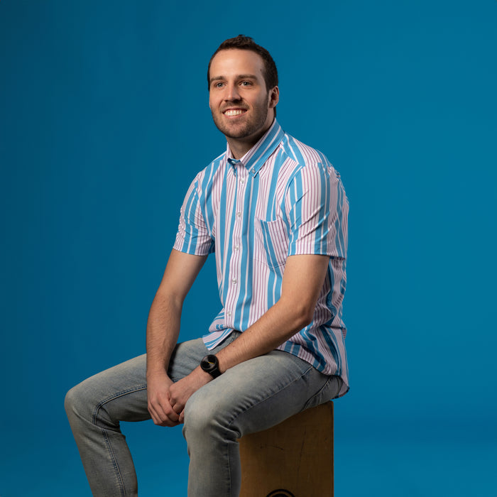 Man wearing Light blue and white shirt with mauve pinstripes
