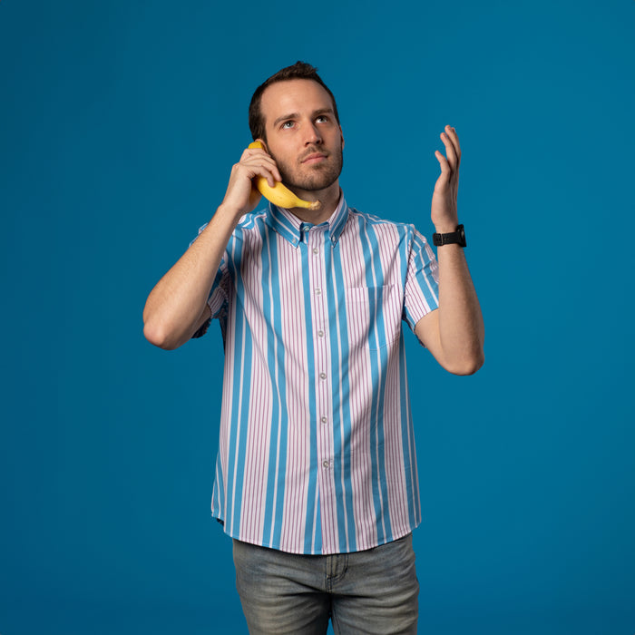 Man wearing Light blue and white shirt with mauve pinstripes