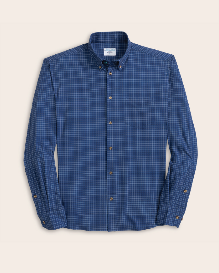 A navy w/ white and blue check shirt with tortoise shell buttons