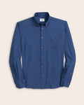 A navy w/ white and blue check shirt with tortoise shell buttons