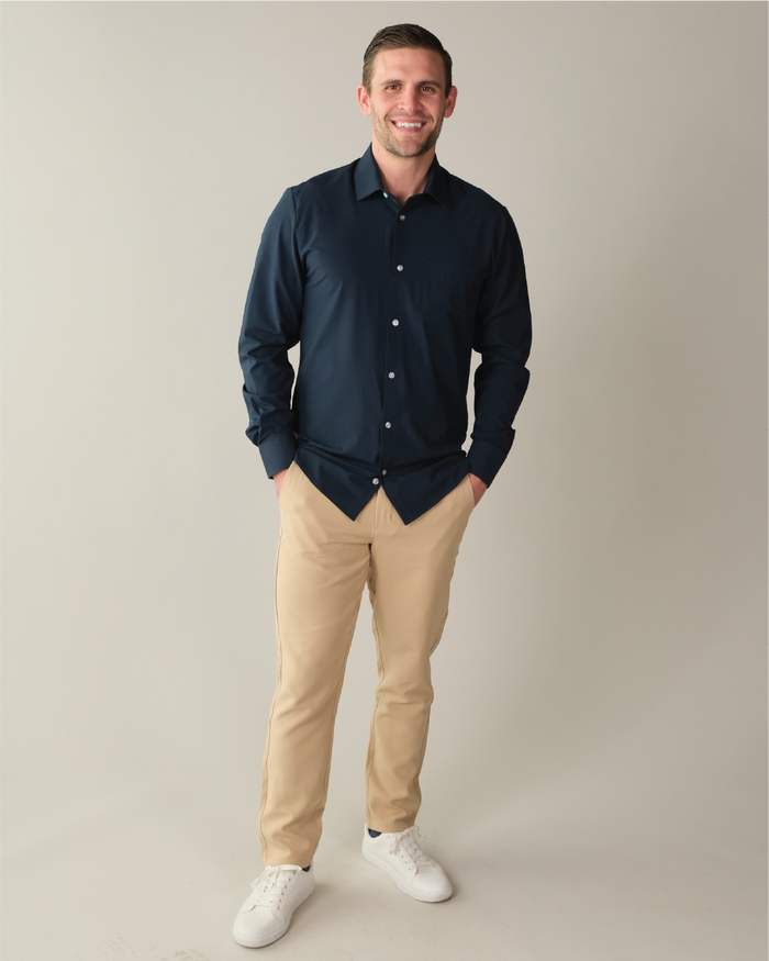 Man wearing a navy dress shirt