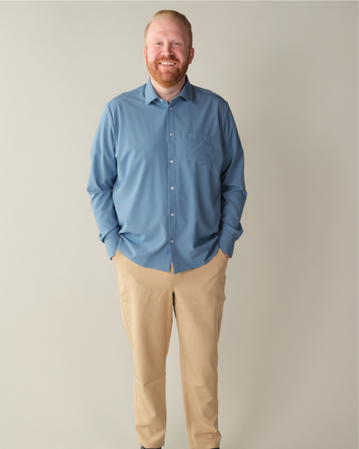 Man wearing ocean blue shirt