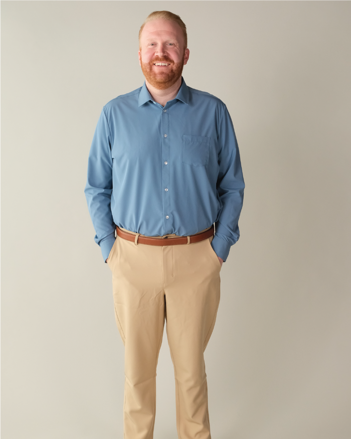 Man wearing ocean blue shirt