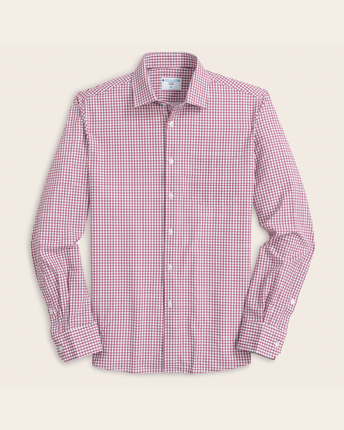 red and white checkered shirt with blue accent