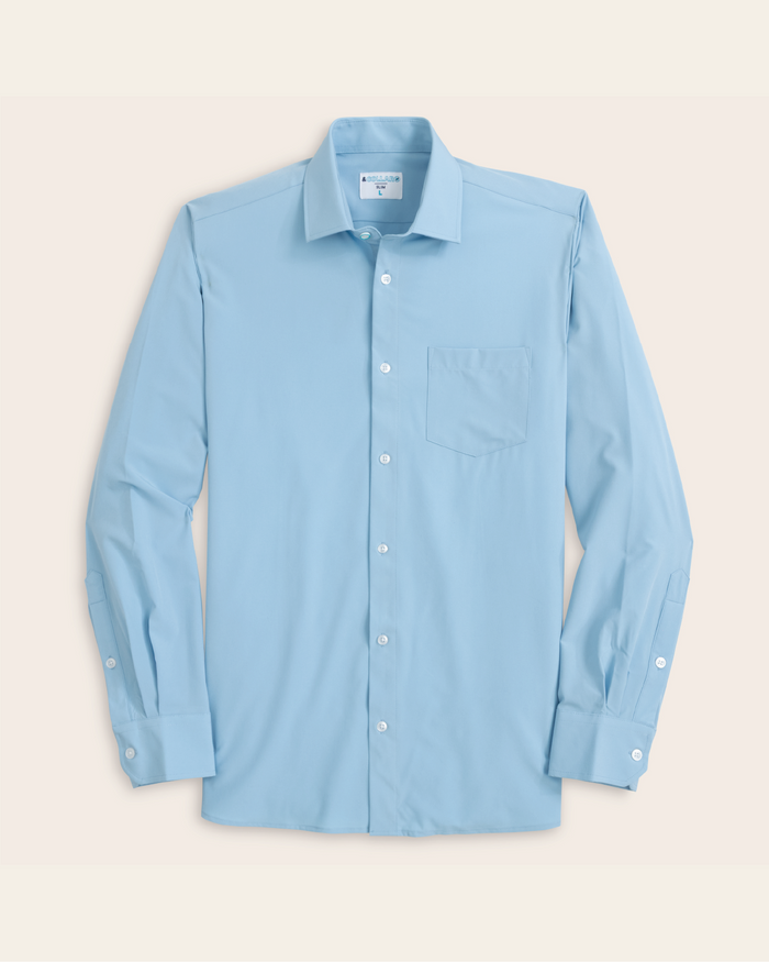 A long-sleeved French blue shirt, with a plain white background.