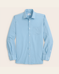 A long-sleeved French blue shirt, with a plain white background.