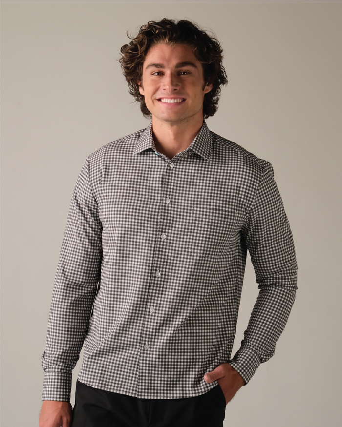 Man wearing a white and black gingham shirt