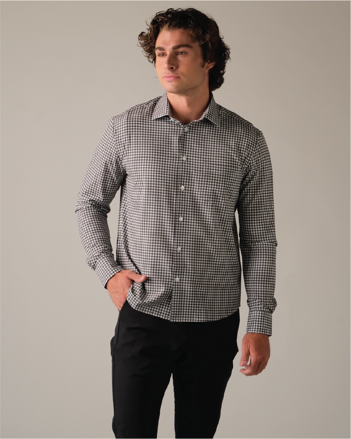 Man wearing a white and black gingham shirt