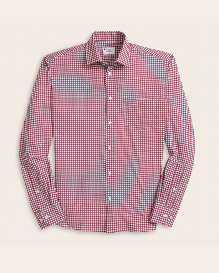 A white and oxblood gingham shirt
